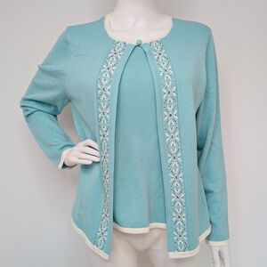 NWT Light Sky Blue & Cream Nordic Pattern Layered Sweater With Gray Beading